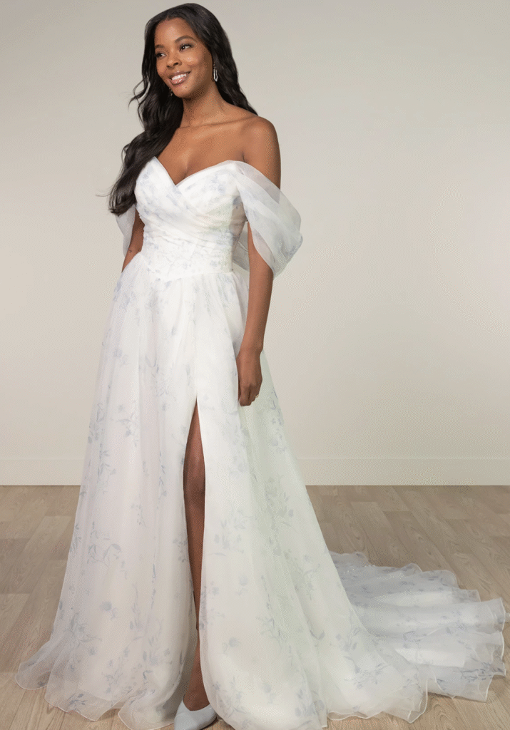 color in wedding dresses - here is a printed fabric with sky blue florals