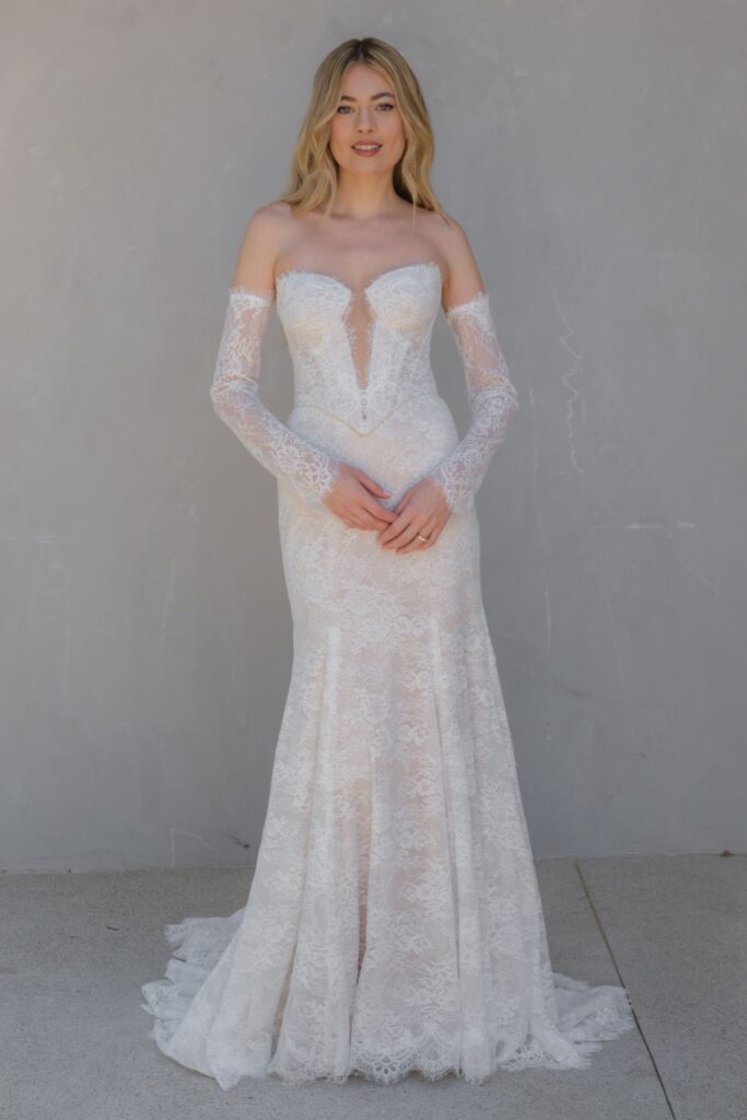 chantilly lace sheath style wedding gown