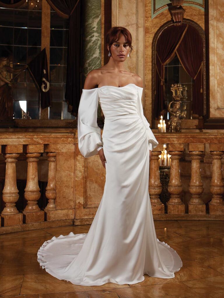 Wedding Dresses For A Micro Wedding satin column dress with bishop sleeves