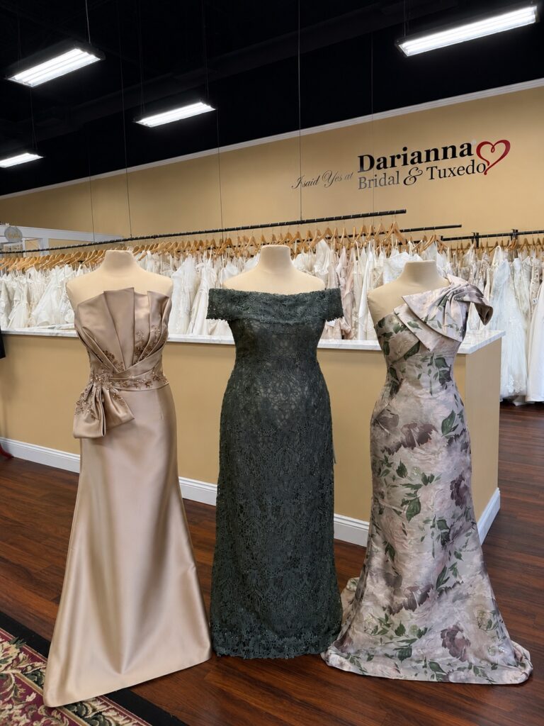 Mother of the bride dresses for autumn wedding color palettes in gold, green, and a coordinating print