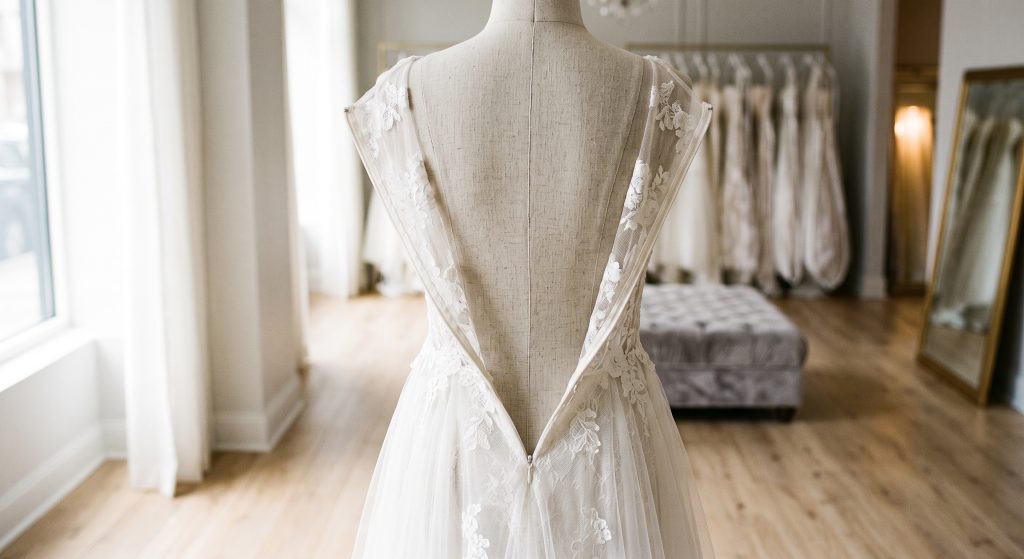 To zip your wedding dress, you must start with the dress properly sitting on your natural waist
