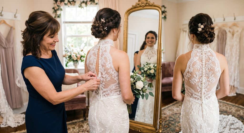 Zip your wedding dress halfway up, then secure the hook and eye at the top and complete zippering